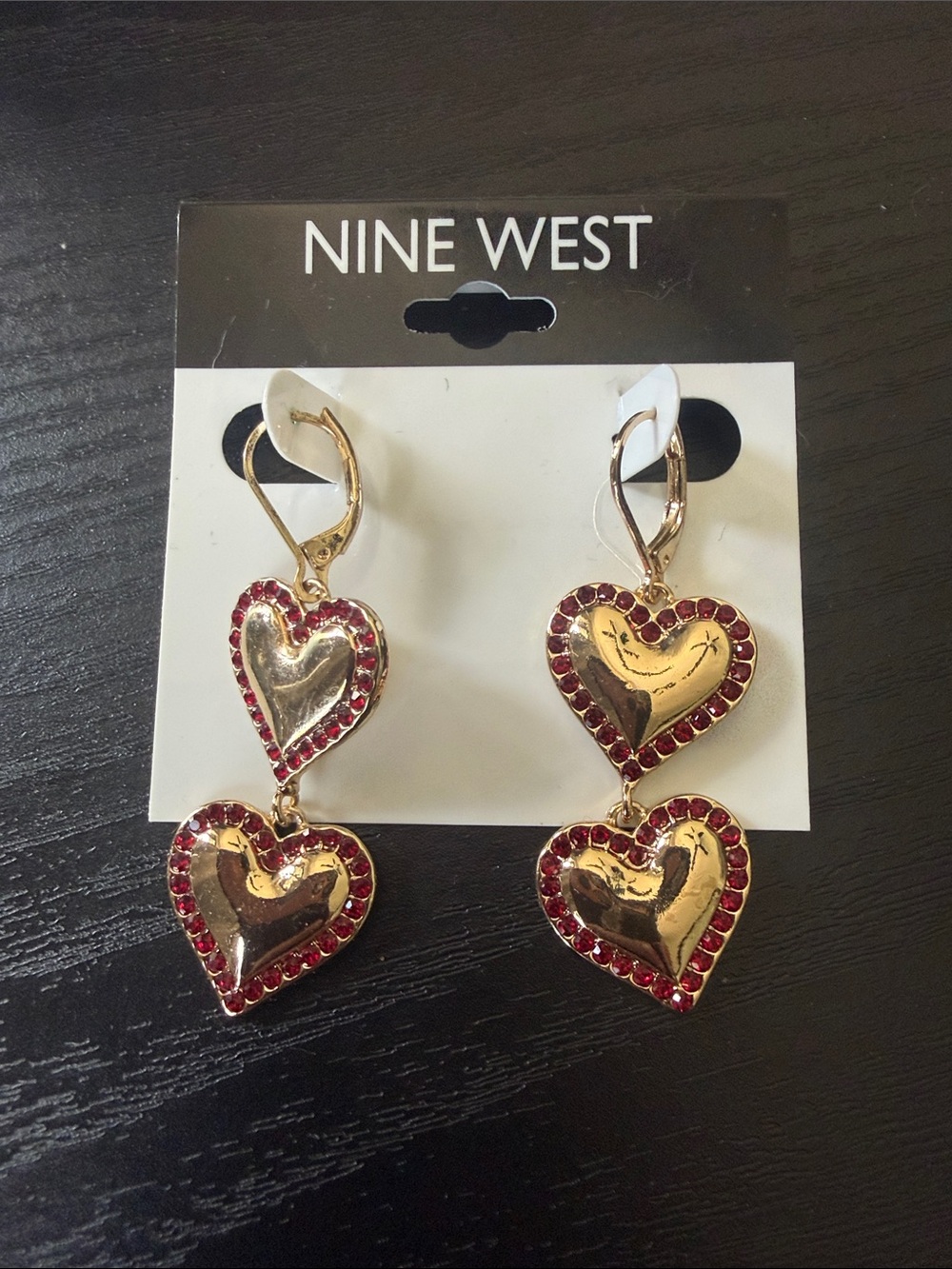 Nine West Gold Tone Double Heart Earrings with Red Crystals